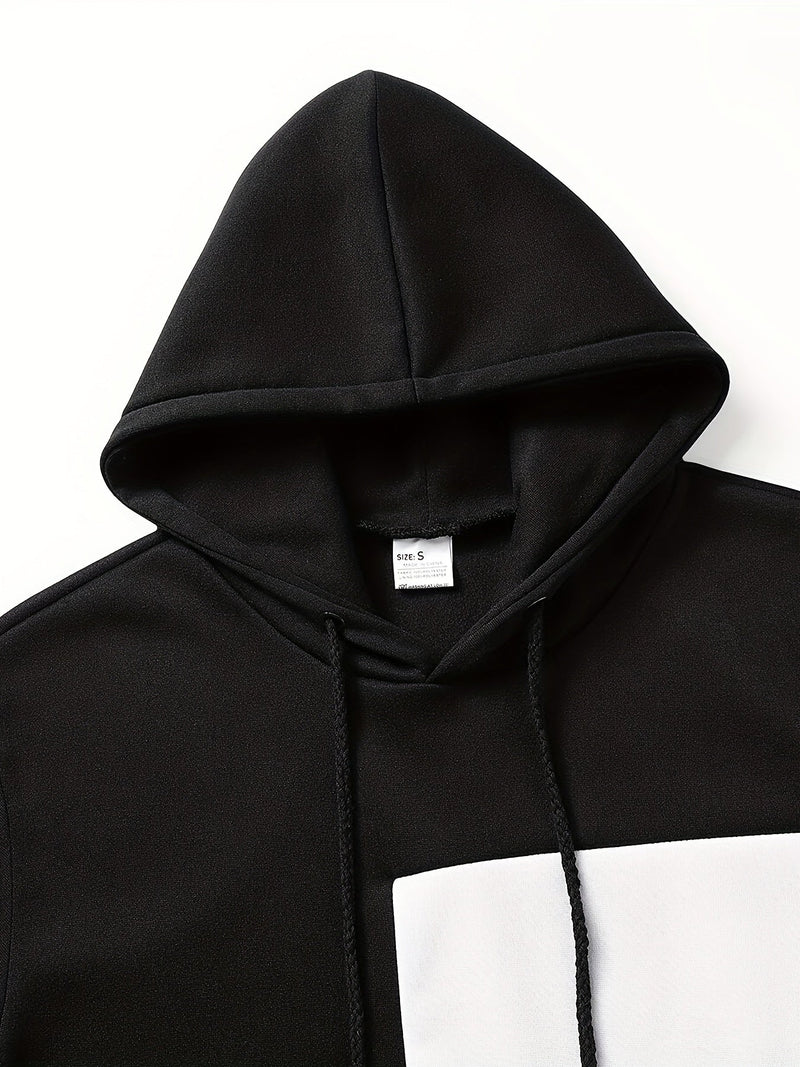 Schwarzer Kapuzenpullover mit weißem Quadrat, Unisex, Baumwolle, Größe S, modisch, bequem.