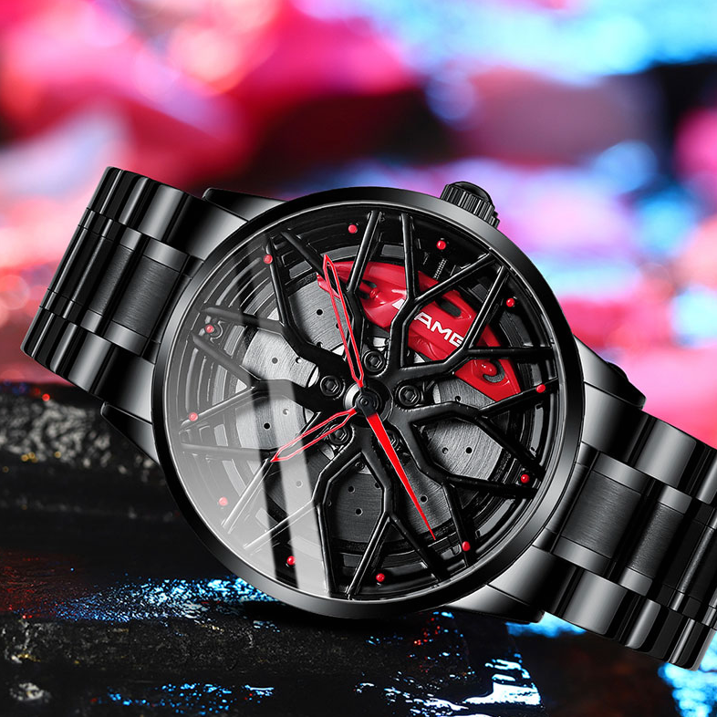 Schwarze Edelstahl-Armbanduhr mit rotem Zifferblatt, sportliches Design, Herrenchronograph.