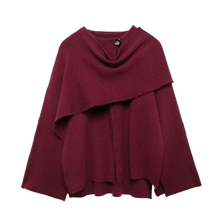 Bordeauxroter Damenponcho aus Wolle mit Knopf, modisch und warm, ideal für Herbst und Winter.