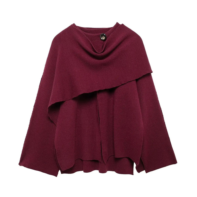 Bordeauxroter Damenponcho aus Wolle mit Knopf, modisch und warm, ideal für Herbst und Winter.