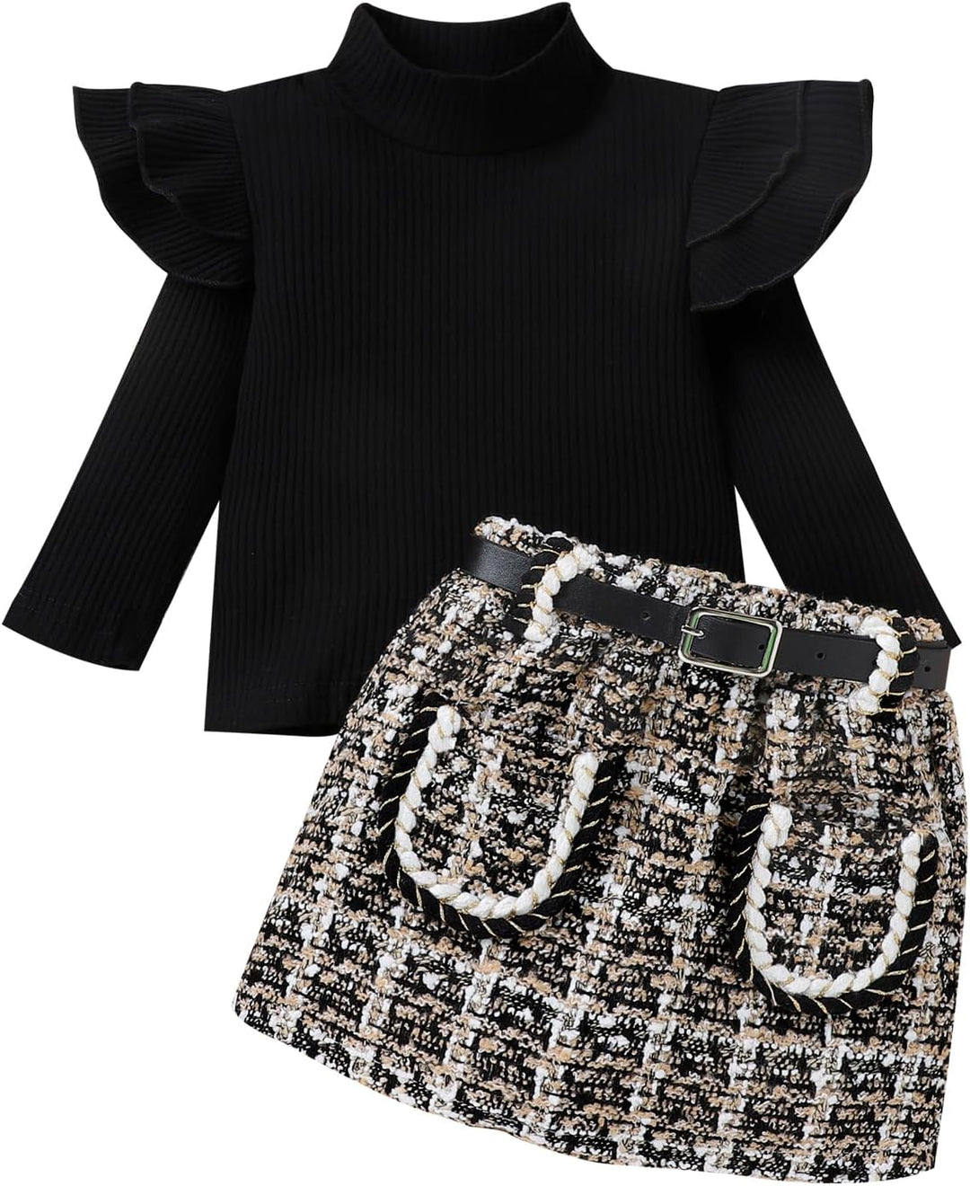 Schwarzer Rollkragenpullover und karierter Rock-Set für Mädchen, modisch, Herbstkleidung.