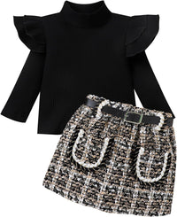 Schwarzer Rollkragenpullover und karierter Rock-Set für Mädchen, modisch, Herbstkleidung.