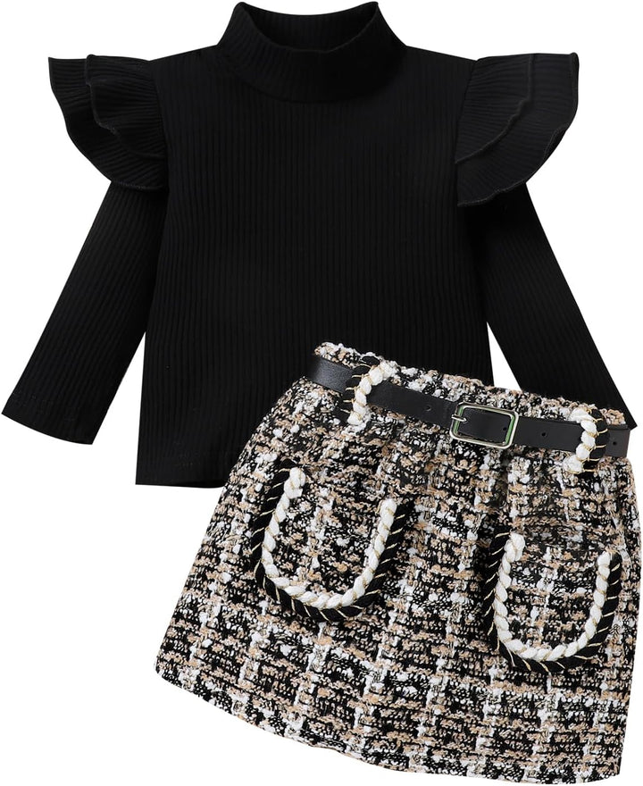 Schwarzer Rollkragenpullover und karierter Rock-Set für Mädchen, modisch, Herbstkleidung.