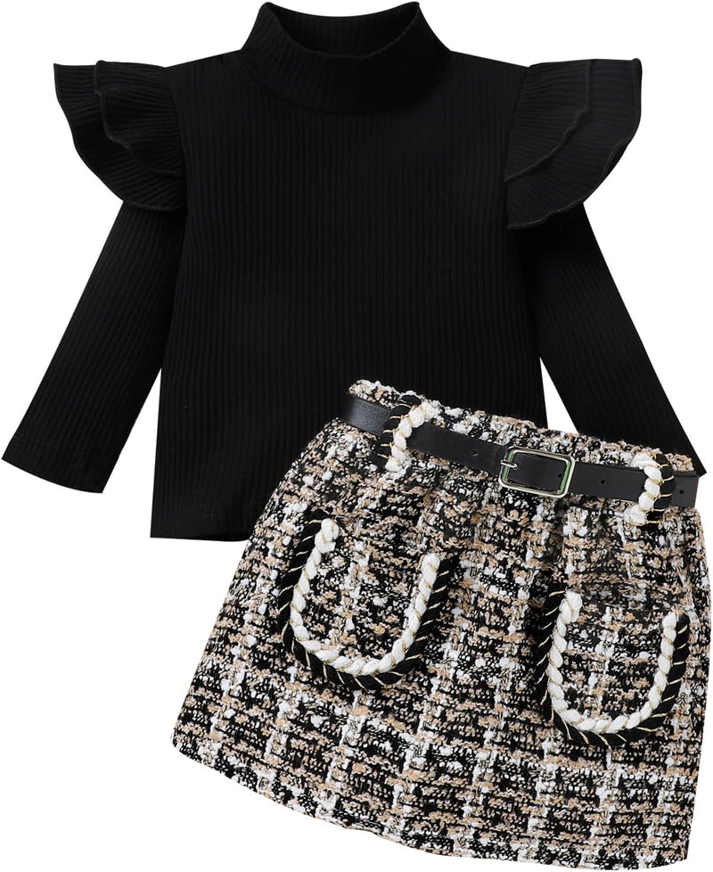 Schwarzer Rollkragenpullover und karierter Rock-Set für Mädchen, modisch, Herbstkleidung.