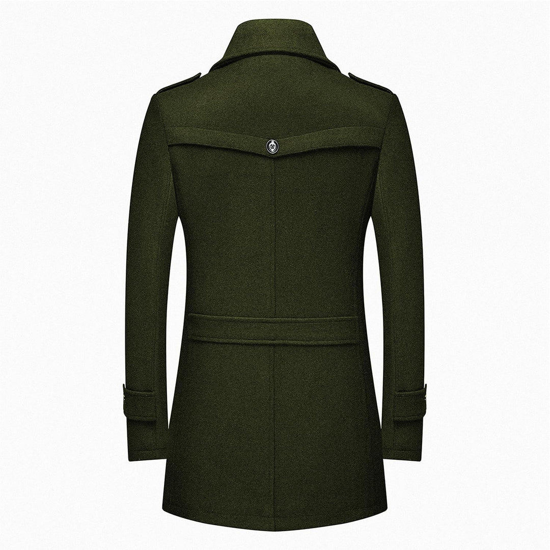 Grüner Herrenmantel aus Wolle, klassischer Schnitt, Rückansicht, elegantes Design.