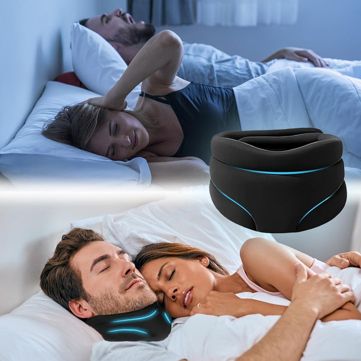 Schwarzes ergonomisches Nackenkissen mit blauen Akzenten für besseren Schlafkomfort.