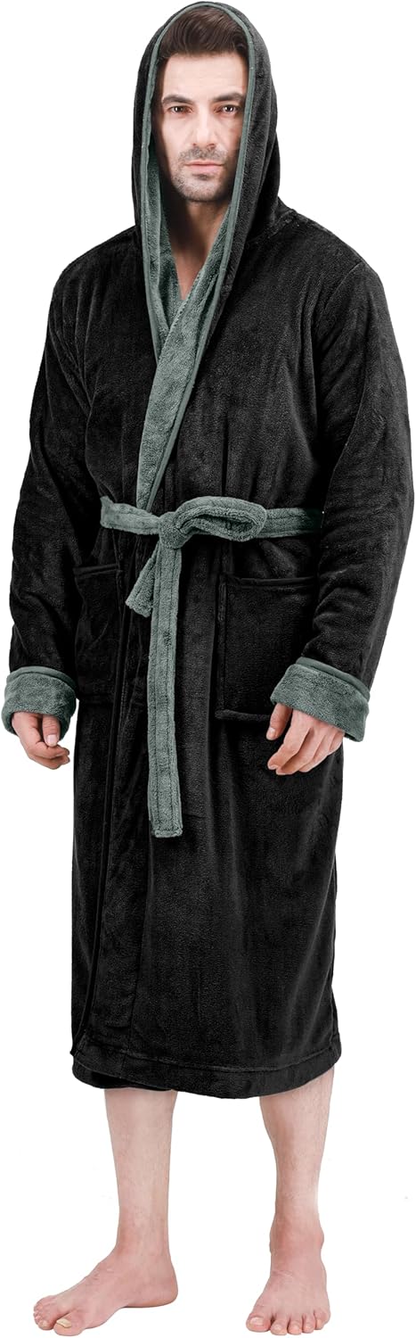 Schwarzer Herren-Bademantel mit Kapuze, Fleece, warm, gemütlich, ideal für Zuhause.