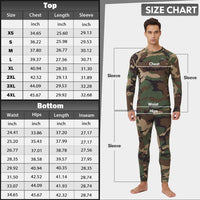 Größentabelle für Herren-Thermo-Unterwäsche, Camouflage-Design, langärmelig, atmungsaktiv.
