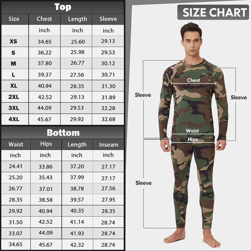 Größentabelle für Herren-Thermo-Unterwäsche, Camouflage-Design, langärmelig, atmungsaktiv.