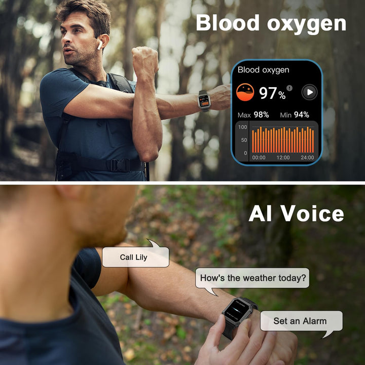 Mann mit Smartwatch im Wald, Blutsauerstoffanzeige, Sprachsteuerung, Fitness-Tracking.