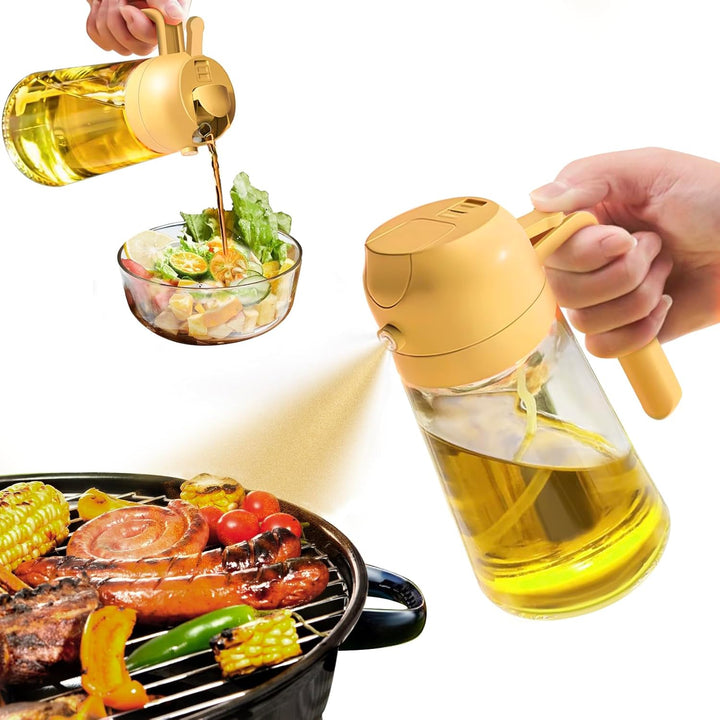 Ölspender aus Glas mit gelbem Deckel, ideal zum Grillen und Salatdressing.