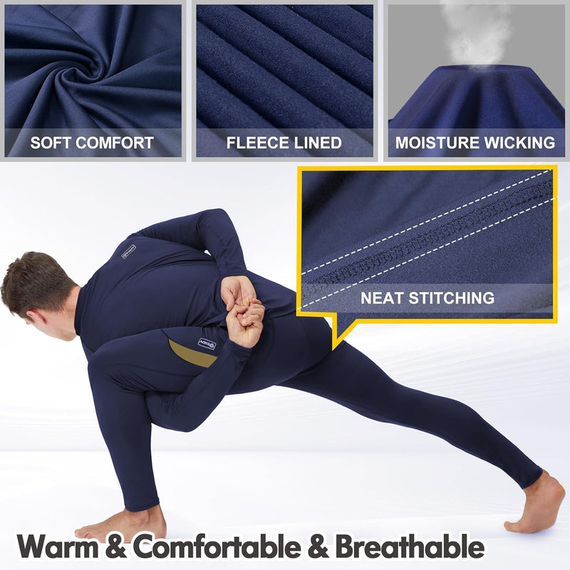 Dunkelblauer Thermoanzug, weich, fleecegefüttert, feuchtigkeitsableitend, atmungsaktiv.