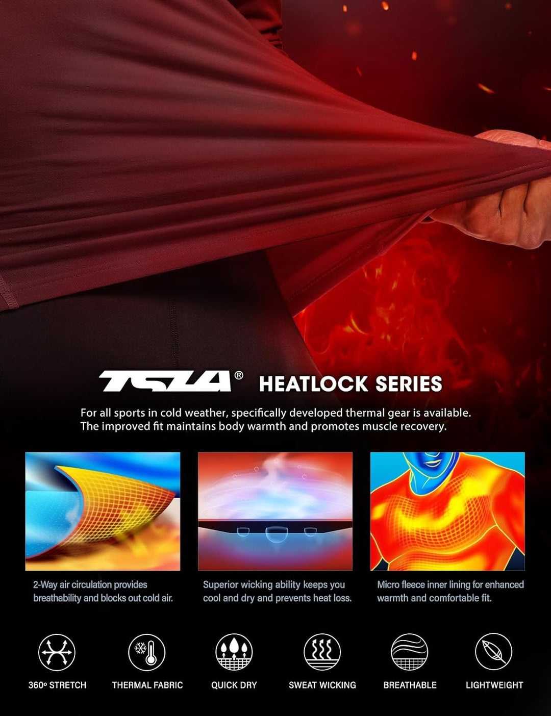 TSLA Heatlock Thermohemd, rot, atmungsaktiv, schnelltrocknend, ideal für kaltes Wetter.