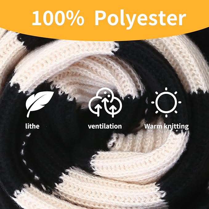 Schwarz-weißer Schal aus 100% Polyester, atmungsaktiv, warm, weiches Strickmaterial.