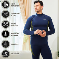 Mann in dunkelblauem Thermo-Unterwäsche-Set aus Fleece, ideal für Outdoor-Aktivitäten.