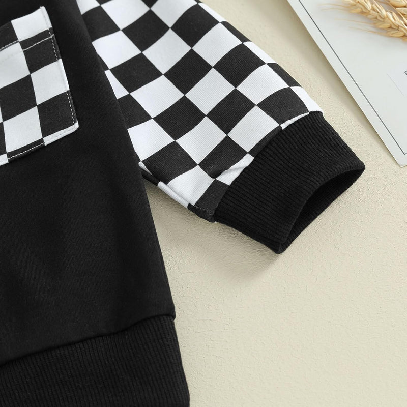 Schwarz-weiß kariertes Langarmshirt aus Baumwolle mit Tasche, Kinderkleidung, modisch.