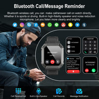 Smartwatch mit Bluetooth-Anruf, Nachrichten-Erinnerung, schwarzes Design, Touchscreen, Fitness-Tracker.