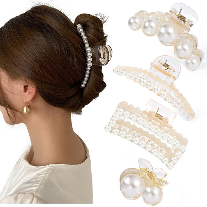 Frau mit Perlen-Haarklammer, elegantes Haaraccessoire, modischer Haarschmuck, weiß, Kunststoff.