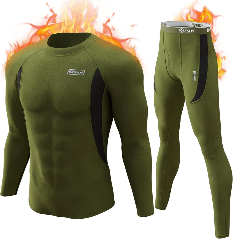 Grünes Thermo-Unterwäsche-Set für Herren, langärmelig, atmungsaktiv, feuchtigkeitsableitend.