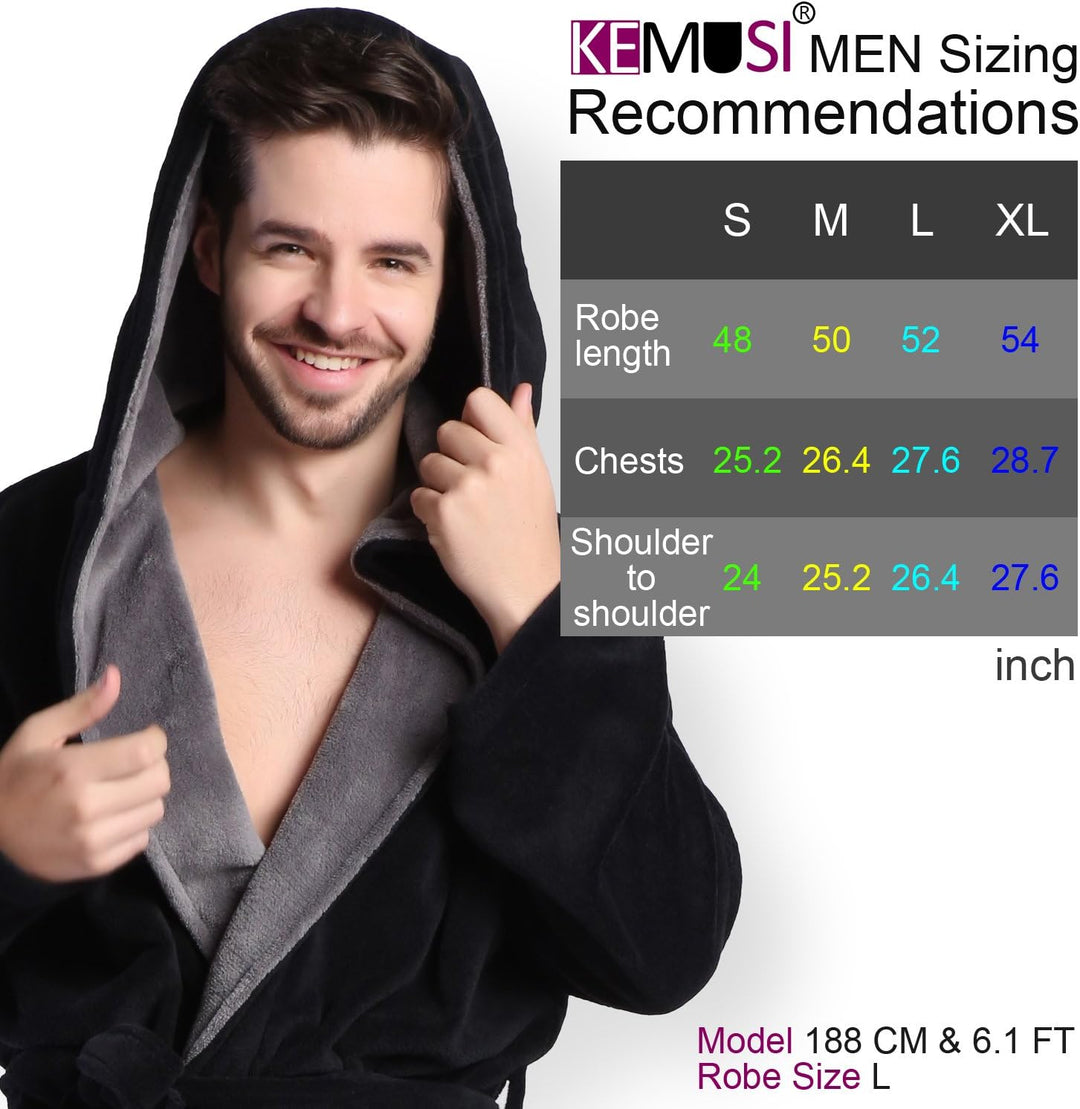Männer Bademantel mit Kapuze, schwarz-grau, Größenempfehlungen, weiches Fleece, gemütlich.