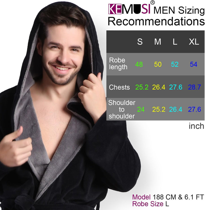 Männer Bademantel mit Kapuze, schwarz-grau, Größenempfehlungen, weiches Fleece, gemütlich.