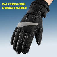 Wasserdichte, atmungsaktive schwarze Winterhandschuhe mit grauem Streifen und Wassertropfen.