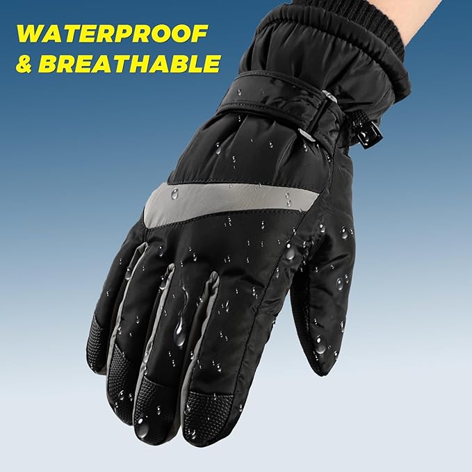 Wasserdichte, atmungsaktive schwarze Winterhandschuhe mit grauem Streifen und Wassertropfen.