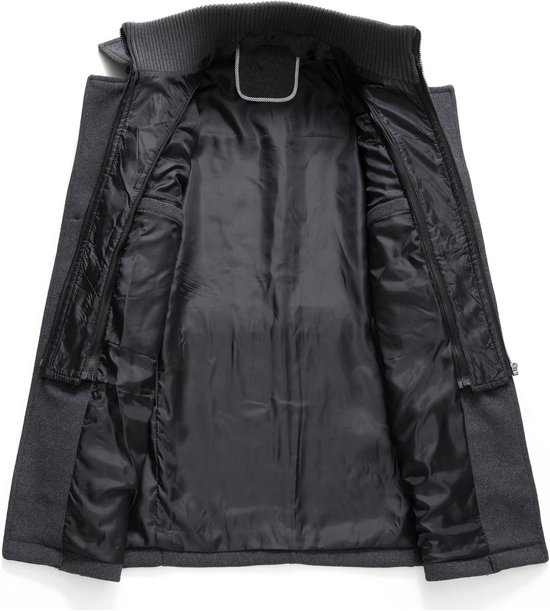 Dunkelgrauer Herrenmantel, Wollmischung, gefüttert, elegantes Design, Wintermode.