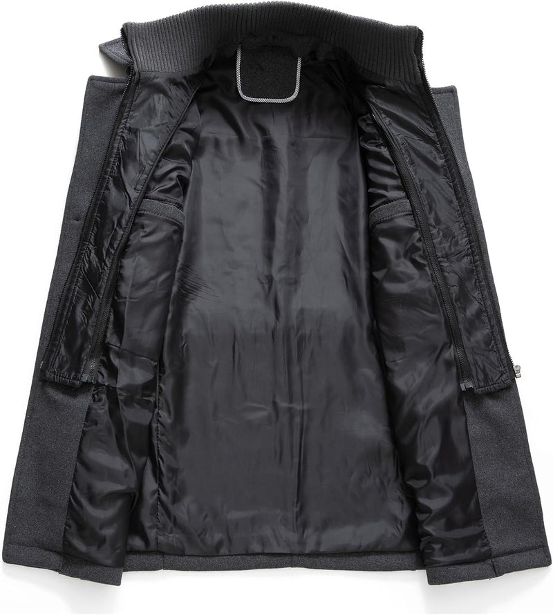 Dunkelgrauer Herrenmantel, Wollmischung, gefüttert, elegantes Design, Wintermode.