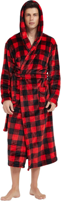 Männer Bademantel rot-schwarz kariert, Fleece, Kapuze, gemütlich, warm, Morgenmantel.