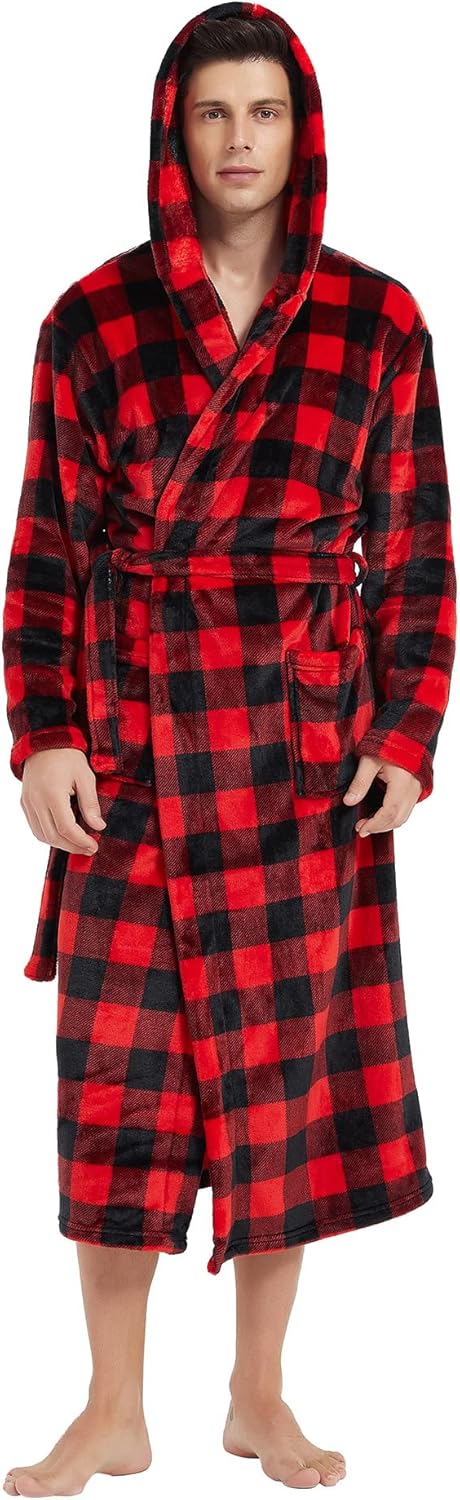 Männer Bademantel rot-schwarz kariert, Fleece, Kapuze, gemütlich, warm, Morgenmantel.