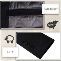 Schwarzer Wollmantel, Detailansicht: Innentasche und Manschette mit Knöpfen, hochwertige Verarbeitung.