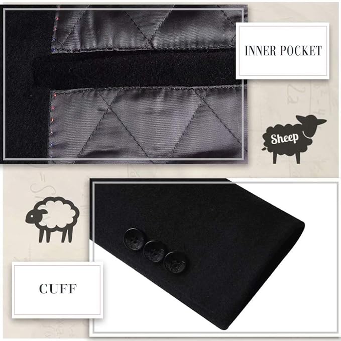 Schwarzer Wollmantel, Detailansicht: Innentasche und Manschette mit Knöpfen, hochwertige Verarbeitung.