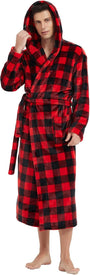 Männer Bademantel kariert rot schwarz Fleece mit Kapuze, gemütlich und warm.