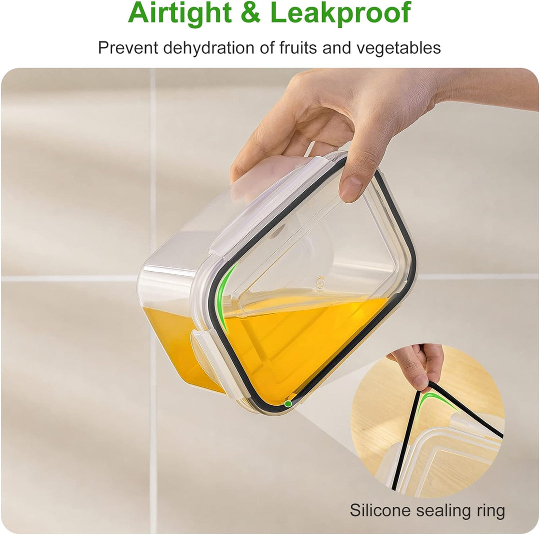 Luftdichter, auslaufsicherer Frischhaltedose mit Silikondichtung, transparent, rechteckig.