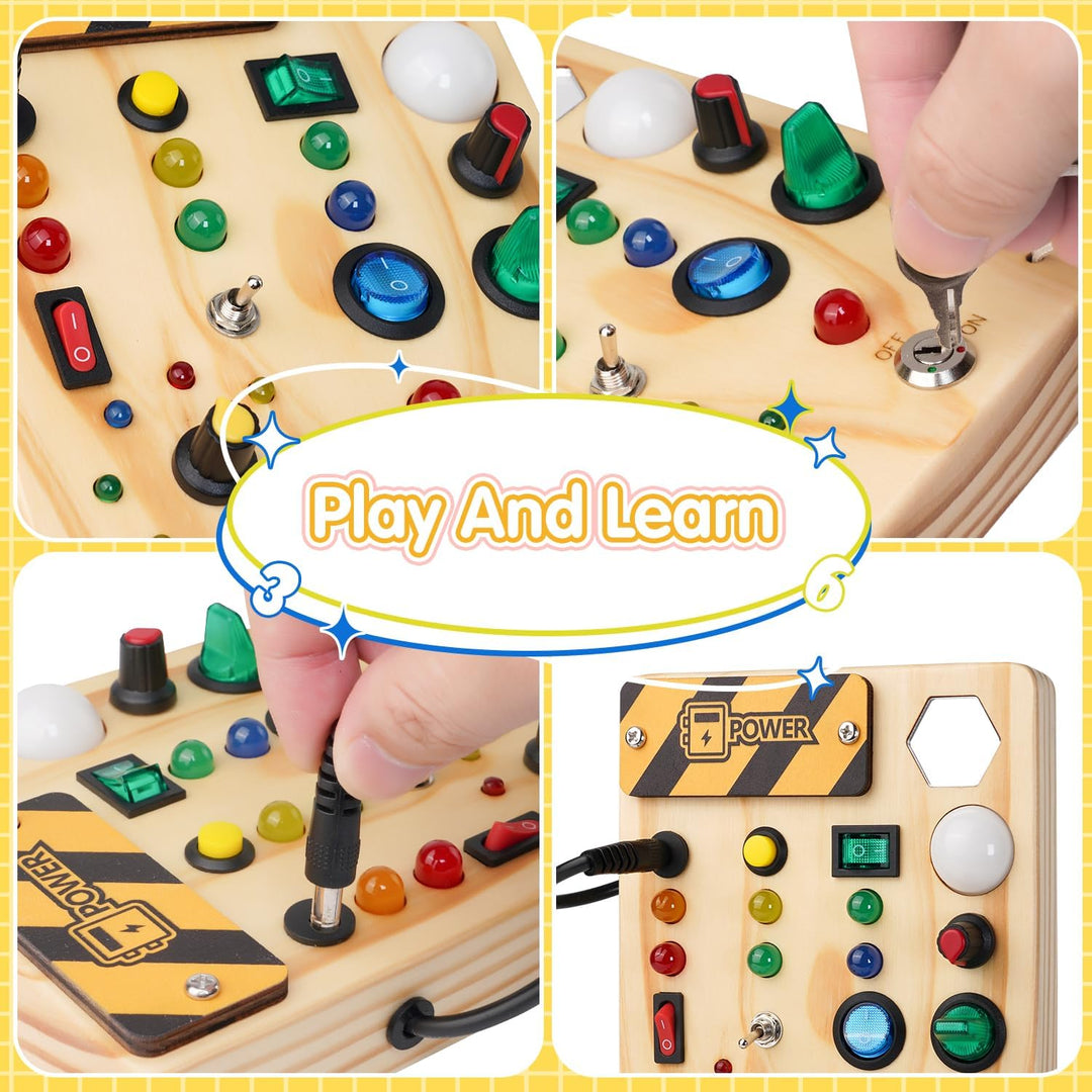 Holz Busyboard für Kinder, Lernspielzeug mit Schaltern, Knöpfen und Lichtern, Montessori-Stil