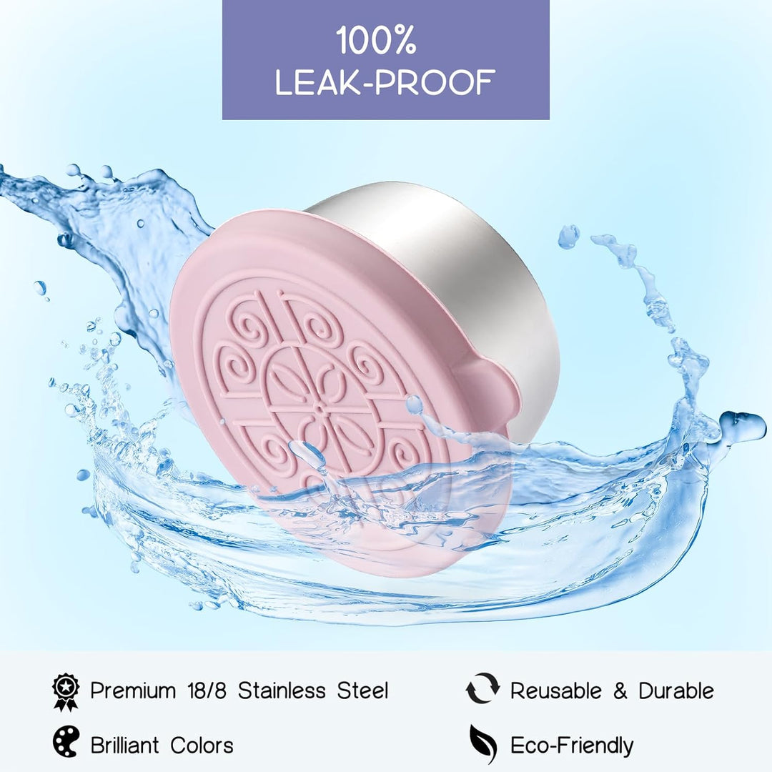 Rosa Edelstahl-Lebensmittelbehälter, auslaufsicher, wiederverwendbar, umweltfreundlich.