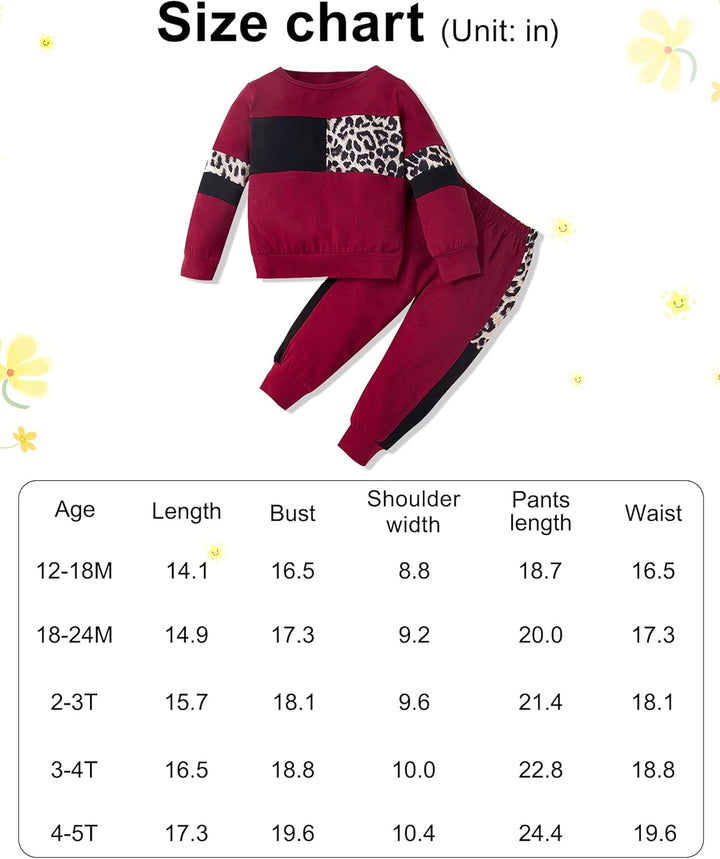 Roter Kinder-Trainingsanzug mit Leopardenmuster, Größentabelle, Baumwolle, bequem, modisch.