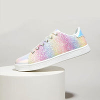 Bunte Glitzersneaker für Damen, Regenbogenfarben, modisch, Freizeitschuh, weißer Gummisohle.