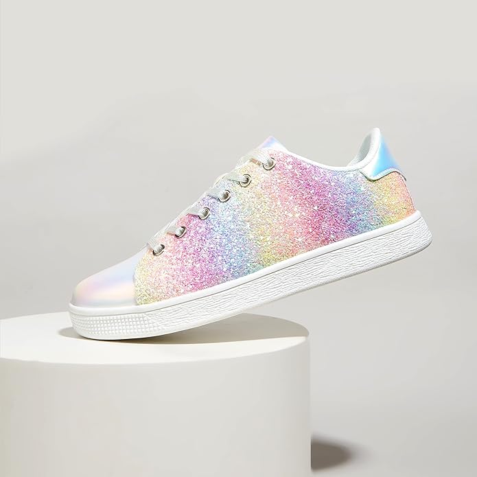 Bunte Glitzersneaker für Damen, Regenbogenfarben, modisch, Freizeitschuh, weißer Gummisohle.
