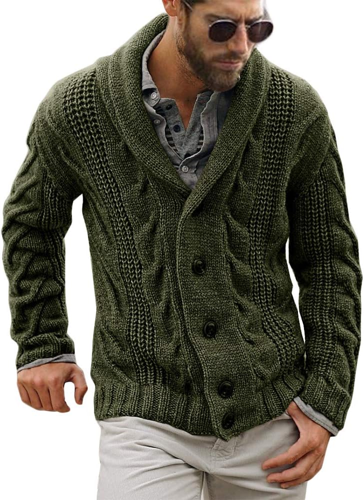 Grüner Strick-Cardigan für Herren, Schalkragen, Knöpfe, Wintermode, lässig, warm.