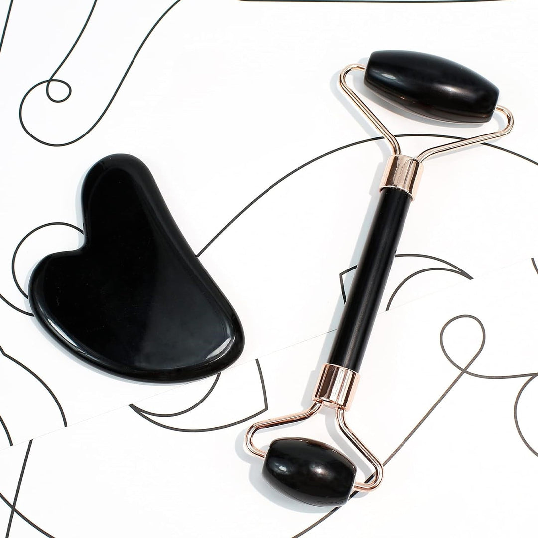 Schwarzer Gesichtsroller und Gua Sha Set, Massagegerät, Hautpflege, Anti-Aging, Entspannung.