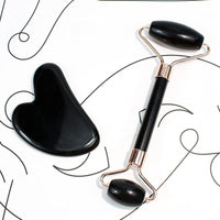 Schwarzer Gesichtsroller und Gua Sha Set, Massagegerät, Hautpflege, Anti-Aging, Entspannung.