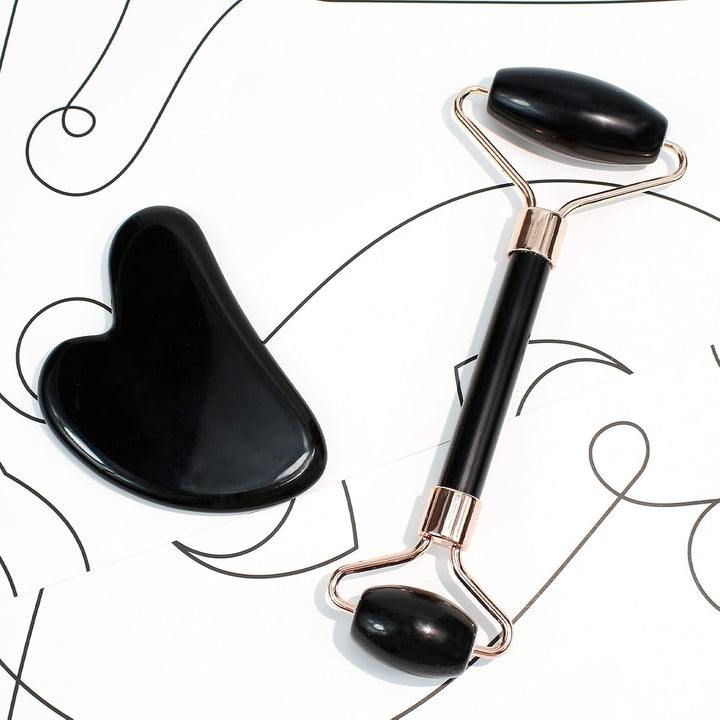 Schwarzer Gesichtsroller und Gua Sha Set, Massagegerät, Hautpflege, Anti-Aging, Entspannung.