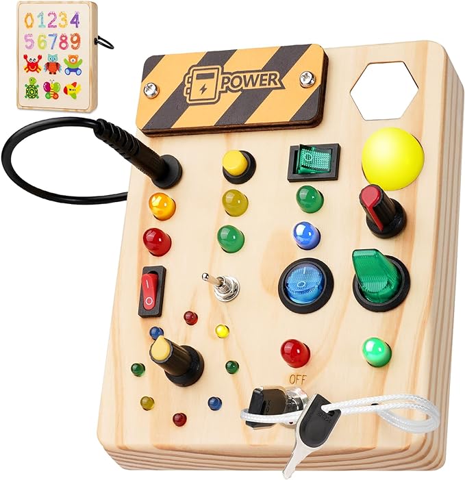 Holz Busyboard für Kinder, Lernspielzeug mit Schaltern, Knöpfen und Lichtern, Montessori-Stil