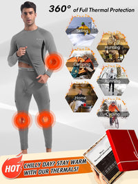Mann in grauem Thermo-Unterwäsche-Set, ideal für Skifahren, Jagen, Camping, Laufen, Radfahren.