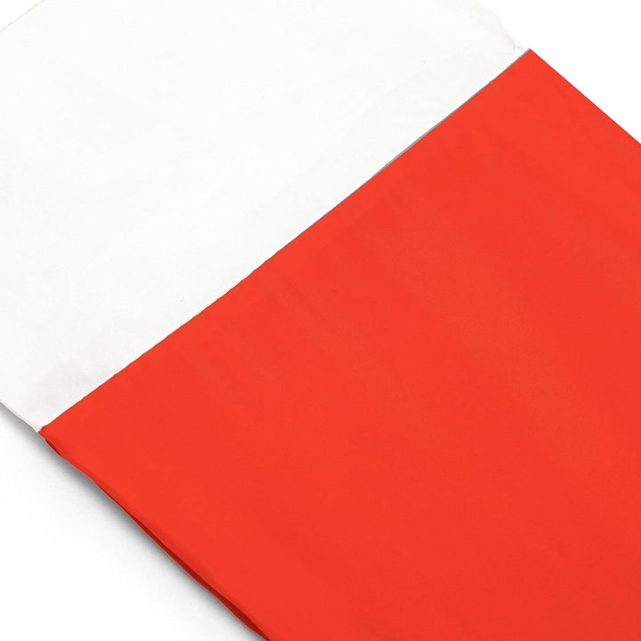 Roter und weißer Versandbeutel, Polyethylen, wasserdicht, reißfest, 25x35 cm.