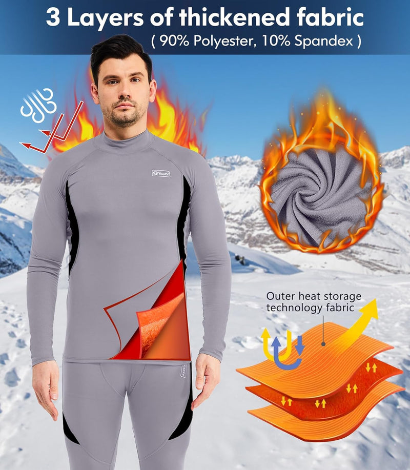 Graues Thermo-Unterwäsche-Set für Herren, 3-lagig, Polyester, Spandex, Outdoor, Winter.