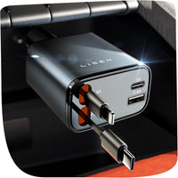 Schwarzes USB-C Ladegerät mit zwei Anschlüssen, Schnellladefunktion, kompakt, für Auto.