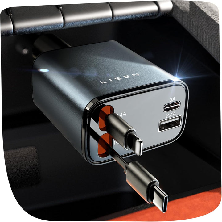 Schwarzes USB-C Ladegerät mit zwei Anschlüssen, Schnellladefunktion, kompakt, für Auto.